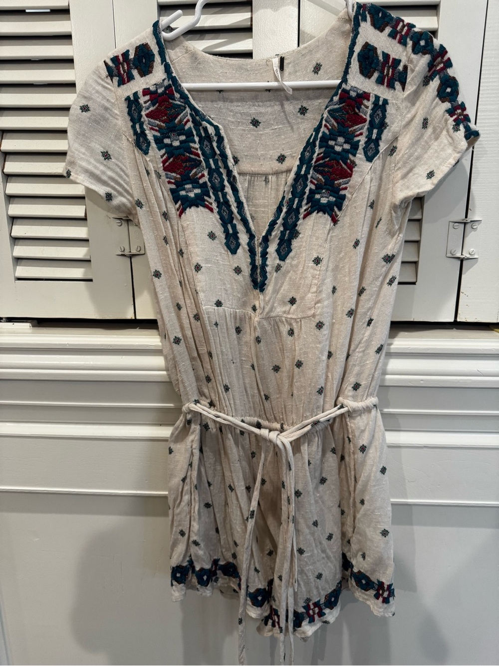 Free People Ivory Mini Dress with Teal & Burgundy Embroidery